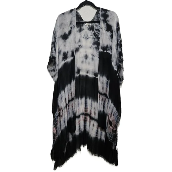 WOVEN HEART Black White Tie-Dye Kimono Beach Cover Up Raw Hem One Size - Picture 1 of 14